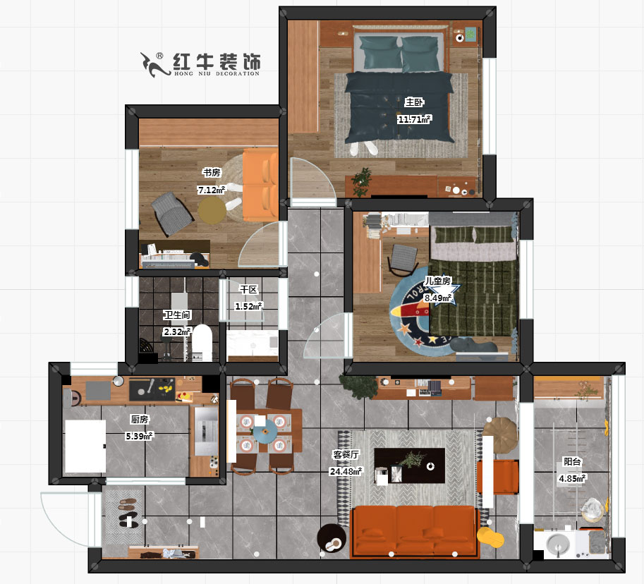 仇美蓉_石埠湾秋山苑3-1-1002-81㎡-现代风格_3室1厅1卫_成品家￥100379→00彩平图